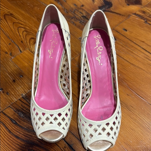 Lilly Pulitzer Cream basketweave leather espadrilles wedge heels size 6.5 - Picture 1 of 10